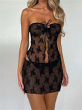 2pcs Set Women Lace Bustiers Strapless Off Shoulder Tube Tops Party Club Mesh See Through Tank Low Waist Short Skirts-Outfit