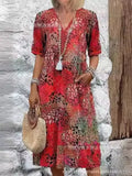 Fongt New Printed Summer V-Neck Casual Holiday Bag Dress Home Clothes Women