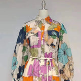 Casual Lace Up Floral Print Long Dress Female Lapel Long Sleeve Gathered Waist Midi Dresses For Women 2021
