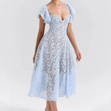 Fongt Long Dress Court Lace High-Rise Thin V-Neck Sexy Short-Sleeved Dress Woman
