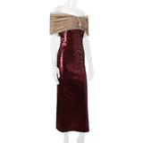 Burgundy Sequin Tube Maxi Dress With Off-shoulder Feather Shawl Set-Outfit