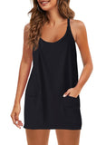 Fongt Summer Solid Sleeveless Dress Fine Shoulder Strap Vest Skirt Sports Skirt Pocket