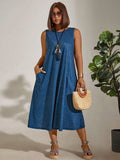 Fongt Plus-Size Women's Commuting Round Collar Solid Color Sleeveless Pocket