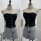 Fongt With Chest Cushions Denim Bra Sleeveless Top Single Buckle One-Pack Short Vest 2738