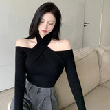 Straps Knitted Long Sleeve Crop Tops Korean Sweater Off Shoulder Straight Neck Tops-Outfit