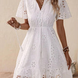Fongt Fashion Hot White Cotton Embroidered Lace Hollow Dress