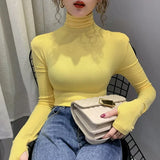 thick t shirt female full hooking sleeve velvet T-shirt girls slim stretchy solid tshirts woman turtleneck tops-Outfit