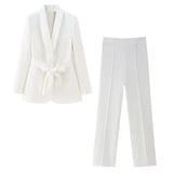 Fongt Women's Dress French Belt Dress Small Suit Jacket + Casual Trousers