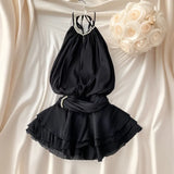 Fongt And Summer 2025 New Products Hanging Neck Bare Back Texture Crippling Poneng Dress To Close The Waist Tie Sweet Holiday Wind