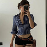 Fongt Girl Wind Polo Collar Five-Point Sleeve Folded Sleeves Folded Striped Cool Slim Waist Shirt Thin Top