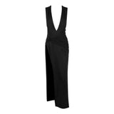 Fongt Girls Wear A New Women's Wear Sexy Deep V Slit Pleated Long Skirt Black Dress