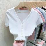 T Shirts Women V-Neck Pearl Buttons Cropped Tshirt Tee Lady Solid Slim Cardigan Crop Top for Female-Outfit
