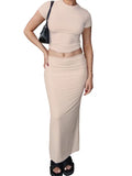Summer 2 Pieces Sets Women Outfits Solid Color O-neck Short Sleeve Slim Fit Basic T-Shirts Crop Tops Long Skirts 2023-Outfit