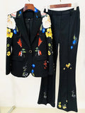 QUALITY 2023 Newest Designer Runway Suit Set Women's Single Button Floral Printed Blazer Flare Pants Suit