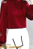 Women's Blouse Silk Tops for Women Solid Embroidered Long Lantern Sleeve Top Stand Neck Clothing Female 2023 Basic