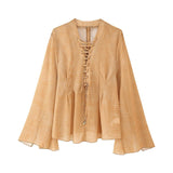Fongt Women's New Lace Decoration Chiffon Loose Long-Sleeved Shirt Top