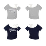 Fongt Oblique Shoulder Lace Sling Short-Sleeved Woman Design Small Sweet Short T-Shirt Girl Irregular Top