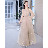 Fongt Dress Women 2025 New Champagne Long-Sleeved Banquet Temperament Simple Thin Host Art Exam Dress