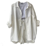 Fongt Women's Wrinkle Collar Long-Sleeved Shirt High-Waisted Rope Shorts Fashion Casual Two-Piece Set