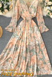 Women Sexy Boho Dress New 2023 Spring Autumn Long Sleeve V Neck Backless Long Dresses Ladies Vintage Floral Printed