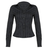 Vintage Striped Slim Long Sleeve Blouse-Outfit