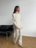 Fongt High-Neck Open Fork Wool Sweater Set Women's Loose Casual Lazy Knitting Trousers Two-Piece