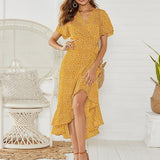 Fongt 2024 Hot Sexy V Collar Irregular High Waist With Chiffon Print Dress Spot-Outfit