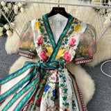 Fongt Court-Styled Dress Women Cross V-Neck Lace Blisters Long Dress
