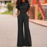Women Pants Sets 2022 Female Casual Solid Color Round Neck Short Sleeve Tops High Waist Zipper Pants Office Long