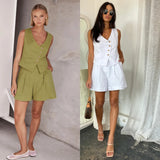 Fongt Spring / Summer 2024 Casual Fashion Single Breasted Vest V-Neck Shorts Suit Women 88221-Outfit