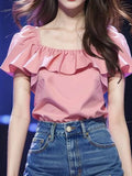 Fongt Leaf Side Pink Short-Sleeved Shirt Women 2025 Summer New Temperament Super Fairy Square Shirt French Top