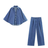 Fongt Homemade New Women's Wide Sleeved Denim Shirt High Waisted Rolled Legged Jeans