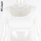 Top White Top Women Short Sleeve Tees Summer Clothes Slim Square Neck T-Shirt Knit Top Sexy Solid Streetwear Y2K Crop