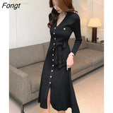 Han Queen Autumn Winter A-Line Knit Dresses Women V-neck Single-Breasted Lace-Up Vintage Casual Vestidos Simple Office