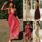 Fongt Summer New Large Swing Skirt Women's Bohemian V Tie Sling Broken Floral Dress
