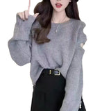 And Winter Korean Version Lazy Wind Hole Exposed Shoulder Pullover Female Design Sense Long-Sleeved Sweater Women's Minority Top Trend-Outfit