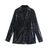 New Spring Autumn Women Retro Sequin Decoration Simple Style Loose Long Sleeve Shirt Casual Chic