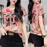 Women's Clothing Casual Round Neck Pullovers Fashion Character Printed 2023 Summer Short Sleeve Commute Slim Patchwork T-shirt-Outfit