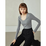 Office Lady Newly Autumn 2021 U-neck Wool Sweater Women Long-sleeved Slim Black Bottoming Shirt Women Grey