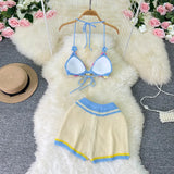Fongt Pastoral Wind Knit Hanging Neck With Hook Flower Flower Wool Hollow Out Sexy Bikini Two Set Suit-Outfit