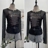 Graffiti-Printing Mesh T-Shirt 2024 Vintage Spice Girls Slime Long-Sleeved Hooded Top