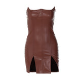 Fongt Women's 2023 New PU Leather Personality With Chest Sexy Tight Package Hip Sleeveless Backless Dress Women-Outfit