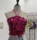 Fongt Industry Bling Bling Glide Hanging Neck Sling Vest One-Style Wrapping Tie With Large Bare Back Blouse 1083