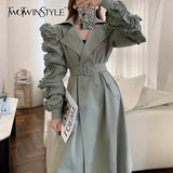 Korean Patchwork Ruffle Windbreaker For Women Lapel Long Sleeve Sashes Black Casual Trench Female Fashion