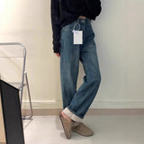 Fongt Blue Plus Velvet Jeans Children New Spring And Autumn High-Rise Thin Small Narrow Version Of Straight Broad Leg Pants Winter
