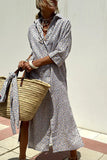 Fongt Women's New Five-Sleeve Striped Open-Shirt Shirt Dress 8061
