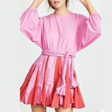 TWOTWINSTYLE 2022 Summer A Line Women's Dress O Neck Long Sleeve High Waist Sashes Slim Rose Color Mini Dresses Female