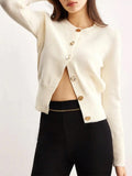Fongt Elegant And Elegant Leisure Knitted Cardigan Fashion Commut Solid Color Simple Round-Neck Sweater Outside