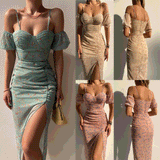 Fongt And Summer 2023 New Flower Print Wrapped Chest Irregular Sling Dress 22083-Outfit