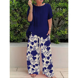 Fongt Plus Code Lady Two-Set Set Of Stylish Short-Sleeved Round Collar Top Wide Leg Trousers Print Casual Dress